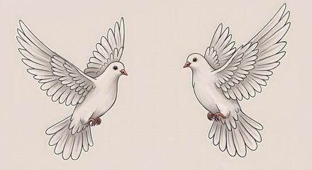 Obraz premium Two White Doves Flying Sketch Illustration for Peace or Wedding