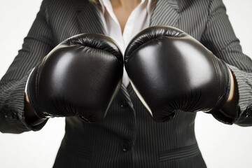 Businesswoman wearing black boxing gloves, ready for a challenge or competition.