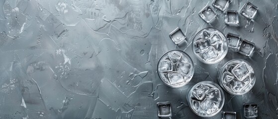 Water with ice cubes on dark textured background with minimal elements. Top down aerial view of transparent liquid or Vodka in glass at background. Refreshment and hydration concept. Cocktail. AIG55.