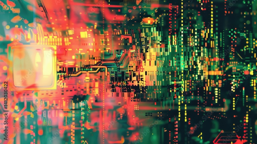 Poster abstract circuit lines in vibrant colors on a dark background. digital artwork of vibrant color glow