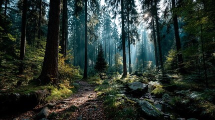 Fototapeta premium Sunlight filtering through a dense forest