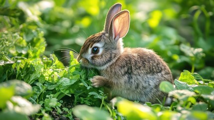 Fototapeta premium A small fluffy rabbit eating green plants in a sunny garden