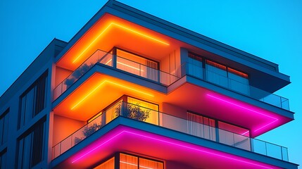 Fototapeta premium Modern Apartment Building With Balcony Illuminated By Vibrant Neon Lights At Night Photo