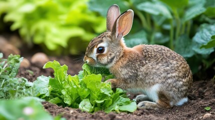 Fototapeta premium A small brown rabbit eating fresh green leaves in the garden
