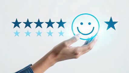 Hand Presenting a Smiley Face with Five-Star Rating in a Soft Blue Glowing Interface for Customer Satisfaction