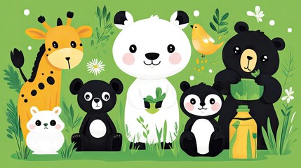 Naklejka premium Cute cartoon animals in a vibrant green setting.