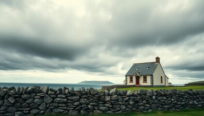 Low, grey clouds drift over a weathered stone wall, isolating a solitary Scottish coastal house, house, coastal house