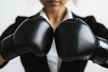 Businesswoman wearing black boxing gloves, ready for a fight, symbolizes competition and challenges in the corporate world.