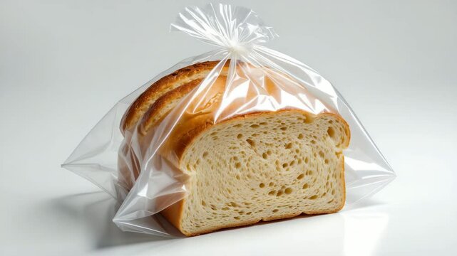Plastic bag containing bread toast on a plain background.