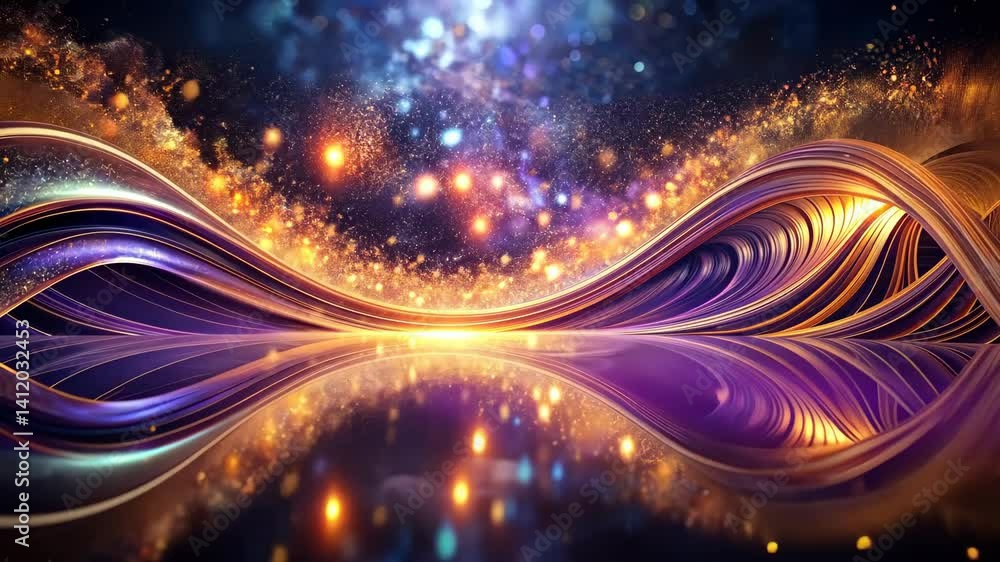 Poster golden and purple waves of light reflecting on a sparkling surface