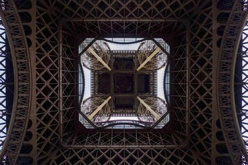 Underneath the Eiffel Tower in Paris, France