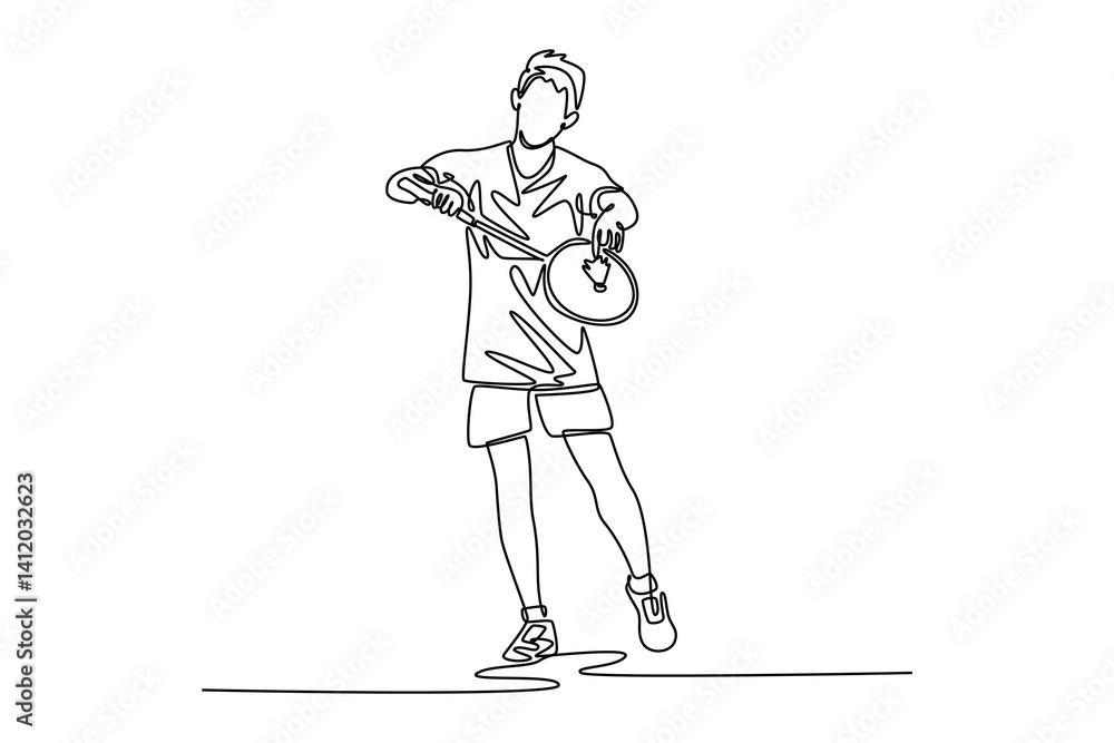Aufkleber continuous one line drawing professional badminton player in uniform stands holding racket and shutt