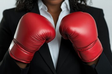 Businessperson wearing red boxing gloves, symbolizing competition and fighting for success in the corporate world.