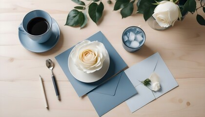 Square invitation card mockup with a rose and a cup of coffee on the wooden table.