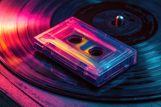 A transparent audio cassette tape rests on a vinyl record under vibrant neon lighting.