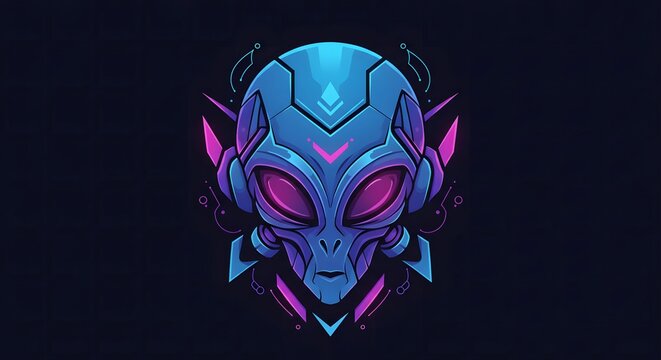Stylized Alien Portrait with Glowing Eyes and Geometric Design Elements