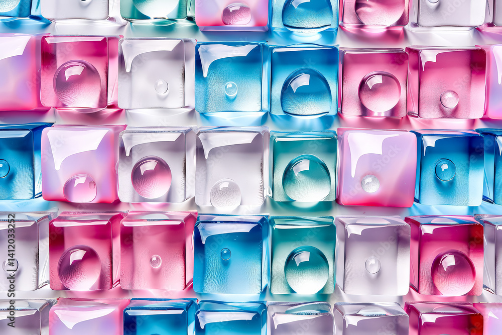 Poster colorful mosaic of small cubes with clear spheres in the middle. the cubes are of different colors a