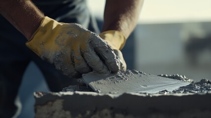 Site inspector checking cement quality with a trowel. Featuring attention to detail and quality control