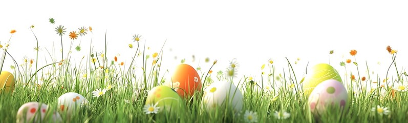 Fototapeta premium Colorful Easter eggs in green grass, banner design with copy space for text