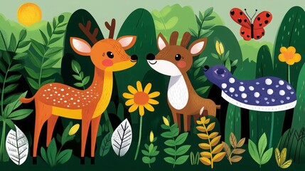 Playful Forest Animals and Vibrant Nature Scene with Flowers