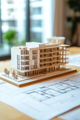 Detailed architectural model of a modern apartment complex placed on a table, surrounded by blueprints and design sketches.