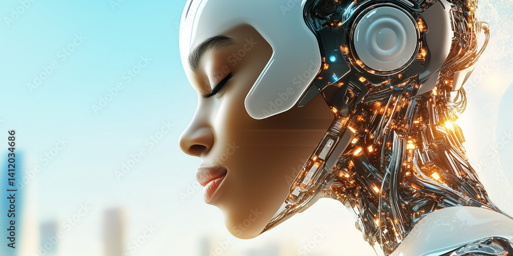 Aufkleber futuristic humanoid robot with visible circuitry looks serene against urban backdrop. glowing detail