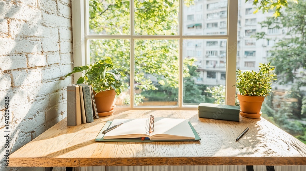 Poster sunlit workspace by a window with books and plants