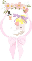 Cute Goose holding Ester Egg, standing in Wreath. Vector Illustration
