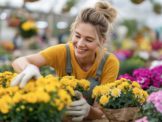 Happy woman tending to vibrant flowers in a greenhouse, showcasing love for gardening.