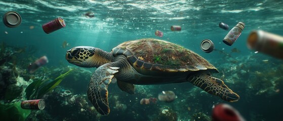 Obraz premium A turtle swims among underwater debris, highlighting marine pollution's impact on ocean life.
