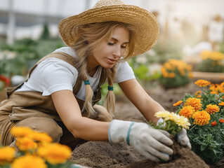 oyful woman in a straw hat, surrounded by flowers, enjoying her gardening. 