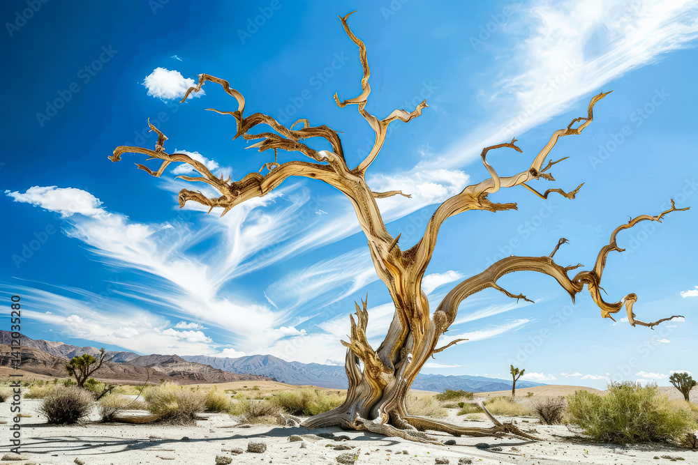 Poster tree with many branches is standing in a desert. the sky is blue and there are clouds in the backgro