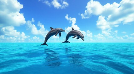 Two dolphins jumping out of clear blue ocean water under clouds