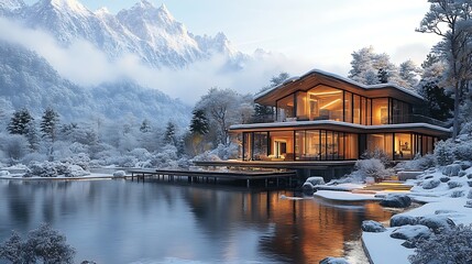 Fototapeta premium Modern Home By Lake In Winter Snow Covered Mountain Landscape Photo