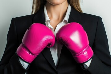 Businesswoman ready to fight, wearing pink boxing gloves, symbolizes strength and resilience in the corporate world.