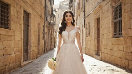 Obraz premium A beautifully dressed bride in a traditional white wedding dress walks down a cobblestone alley on her wedding day, holding flowers.