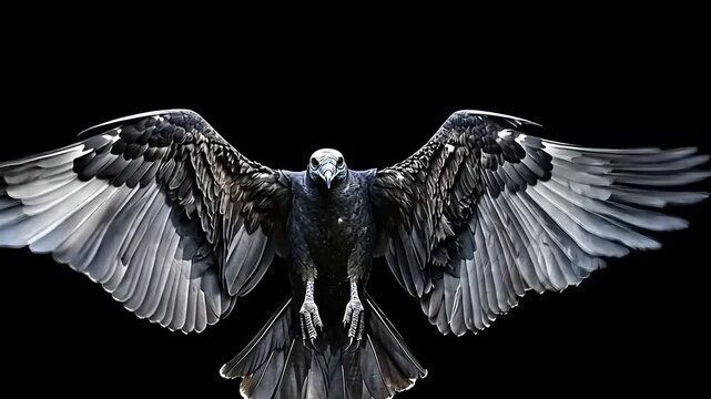 Majestic black bird of prey soaring with outstretched wings against a dark backdrop