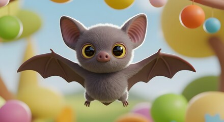 Cute Cartoon Bat Flying in a Whimsical Colorful Landscape Design