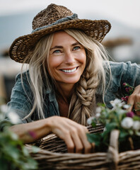 Smiling woman with a straw hat planting in the garden happy lifestyle and nature.