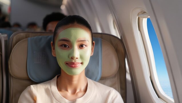 Relaxation with beauty mask during airplane travel