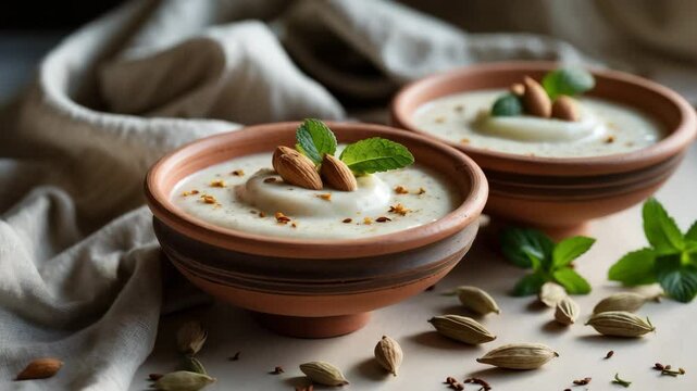Classic Indian almond lassi yogurt infused with cardamom, mint, and saffron presented in earthenware cups.