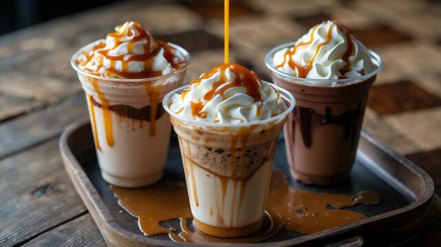 Caramel and chocolate frappes served in a plastic cup with whipped cream on top.