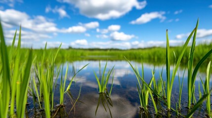 Fototapeta premium Lush Green Rice Field Reflected in Calm Water Under Blue Sky