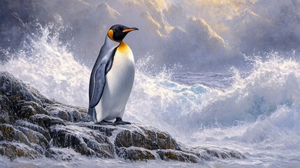 Fototapeta premium King Penguin on Rocky Coast, Antarctic Storm