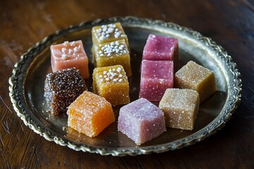 Colorful Sattu Fudge cubes placed on an Indian brass plate, with other sweets