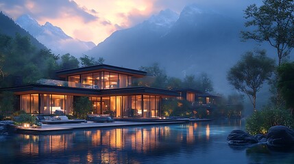 Fototapeta premium Modern House By Lake With Mountain Backdrop At Twilight Photo