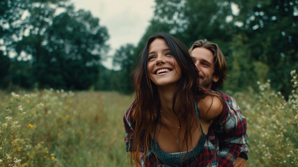 Fototapeta premium Young woman joyfully carried through a lush field on a sunny day