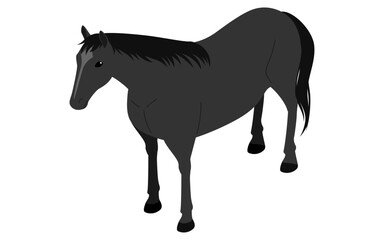 Simple isometric illustration of a standing black-haired horse (diagonally forward)