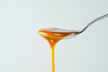 Golden, viscous liquid pours from a spoon against a white background.