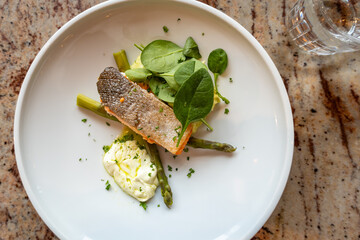 Helsinki, Finland A plate of slmon with asparagus and spinach.